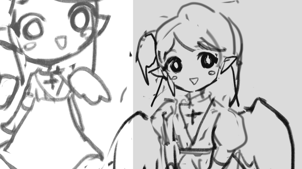 左側に描かれた可愛いキャラクターのスケッチと、右側に色を加えた完成したイラストが並んでいる。