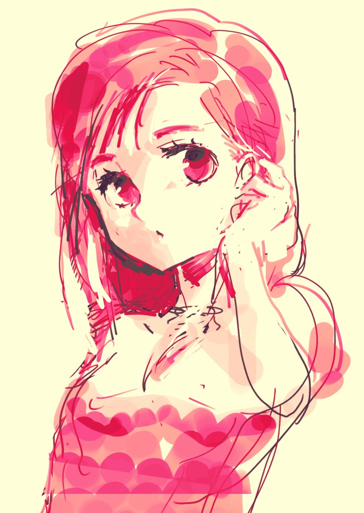 A stylized illustration of a girl with pink hair, looking inquisitively while touching her chin, against a light beige background.