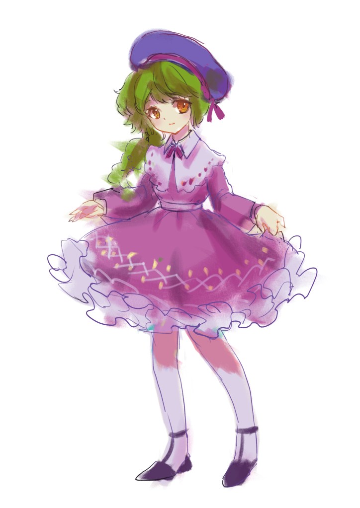 A digital illustration of a girl with green hair wearing a purple dress with frills and a matching hat, posing with a friendly expression.