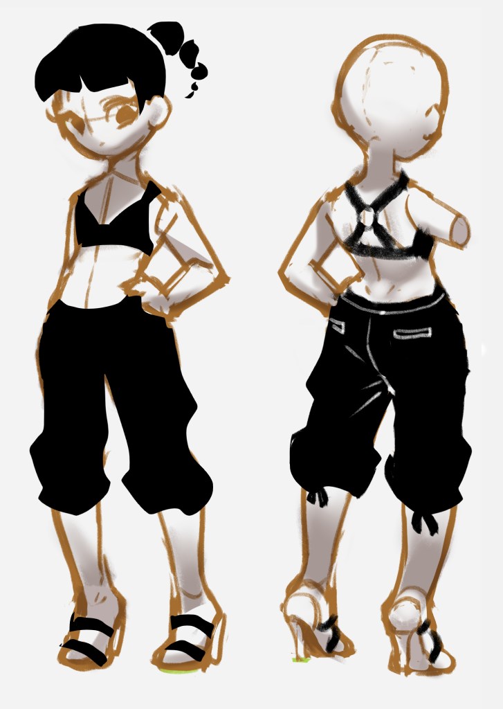 An illustrated character design featuring a girl with a ponytail, wearing a black crop top and black pants, shown from both front and back angles.