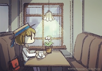 女孩坐在咖啡館裡，手中拿著杯子，桌上有一盆鈴蘭花，窗外下著雨，但車廂內一盞燈透出柔和的光線，營造出舒適的氛圍。