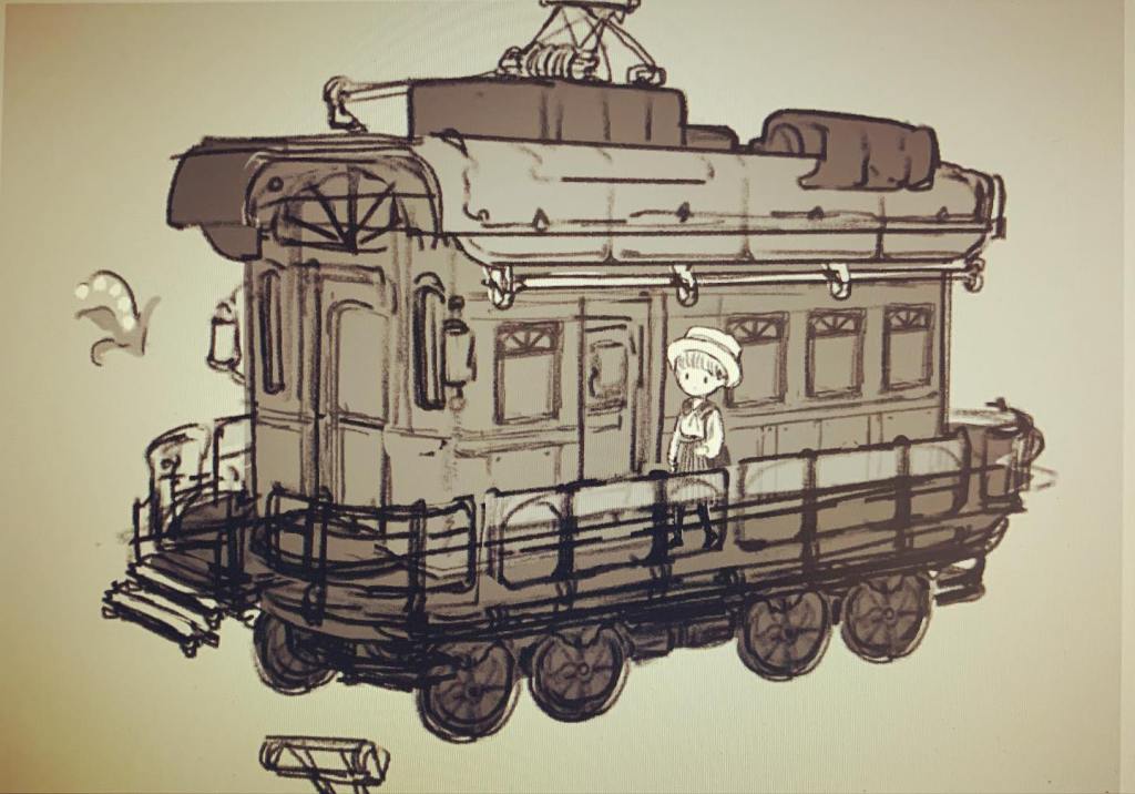 單軌電車設計草稿，車上有一位穿著帽子的女孩，展現懷舊旅行氛圍。
